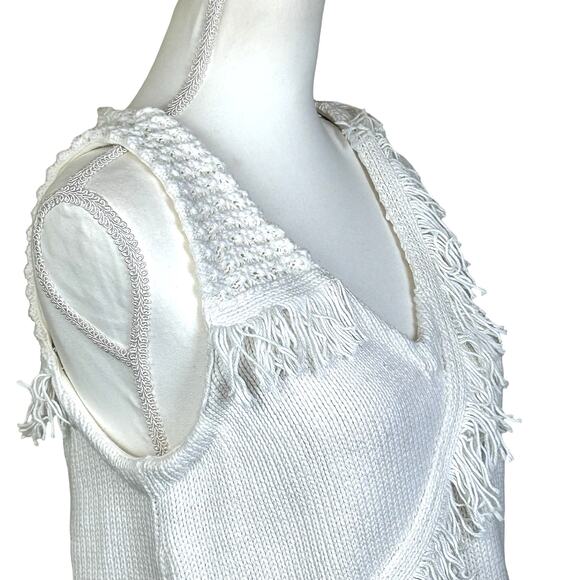 by Anthropologie Crochet Vest Size Medium White Cotton Silk Fringe Boho Knit Top - Picture 4 of 12